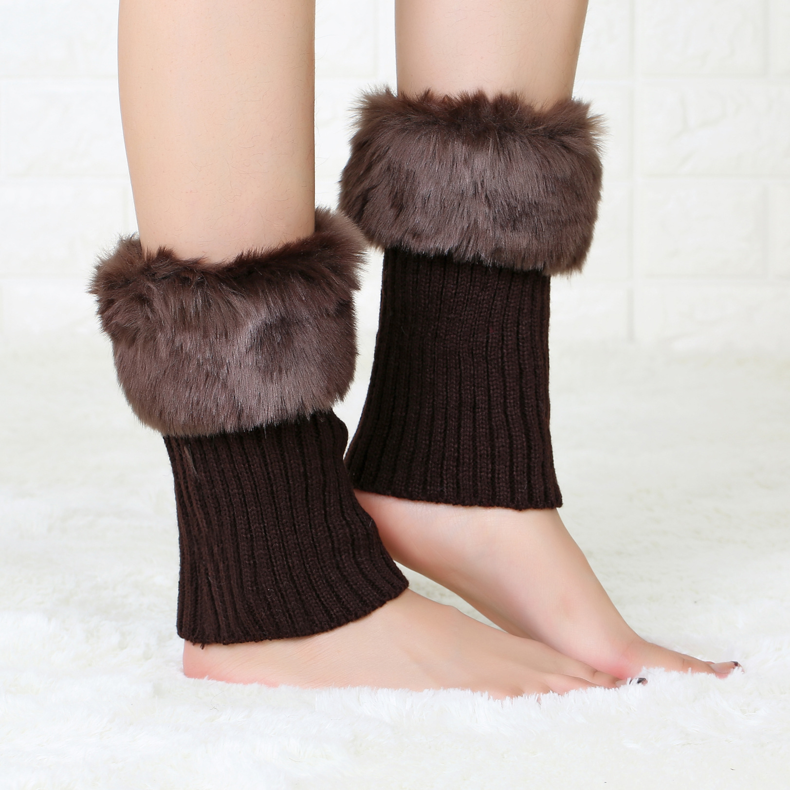 Womens Winter Leg Warmers Faux Fur Cuff Crochet Knit Boots Sock Foot Cover Warm